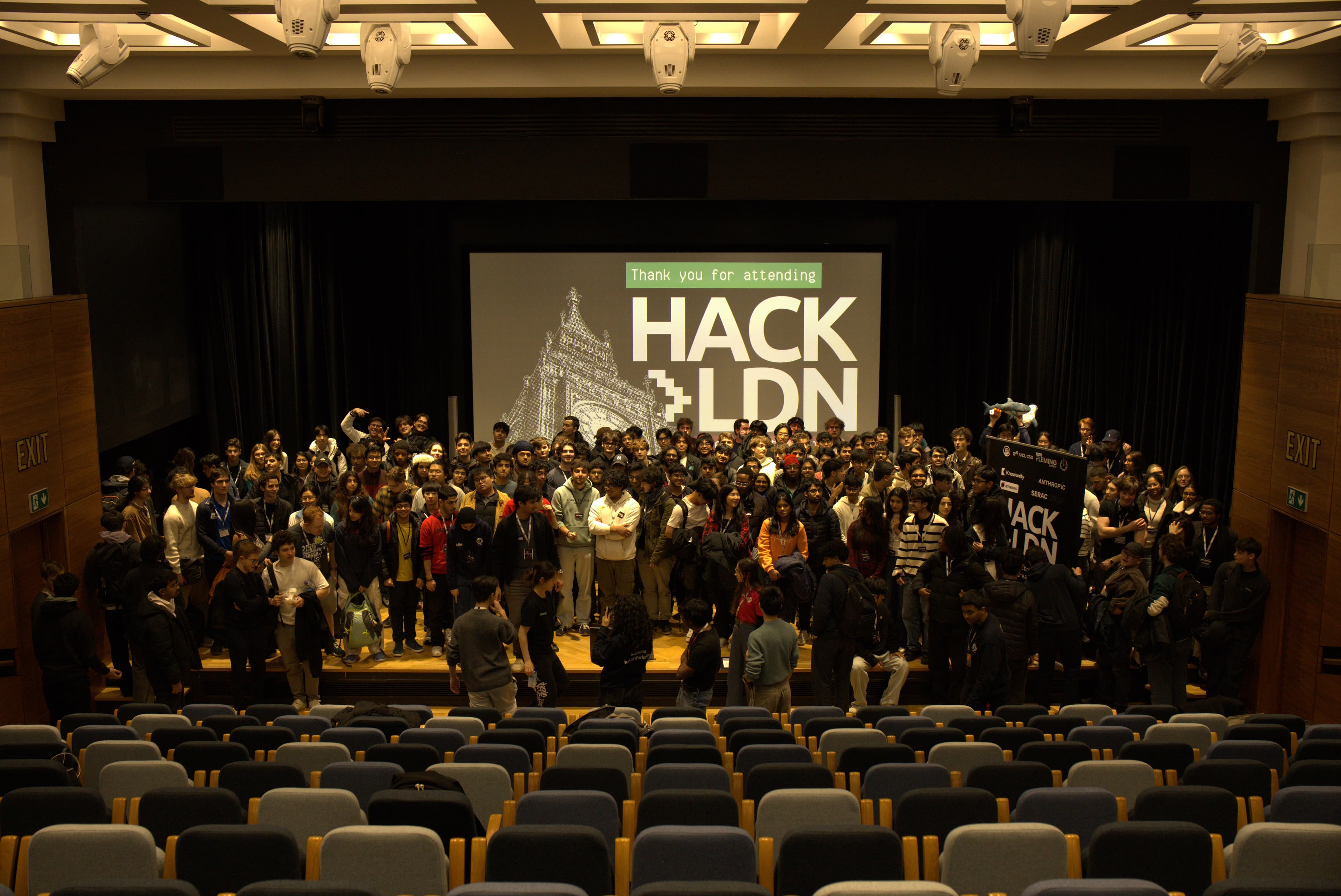 Large group of students at HackLondon in an auditorium